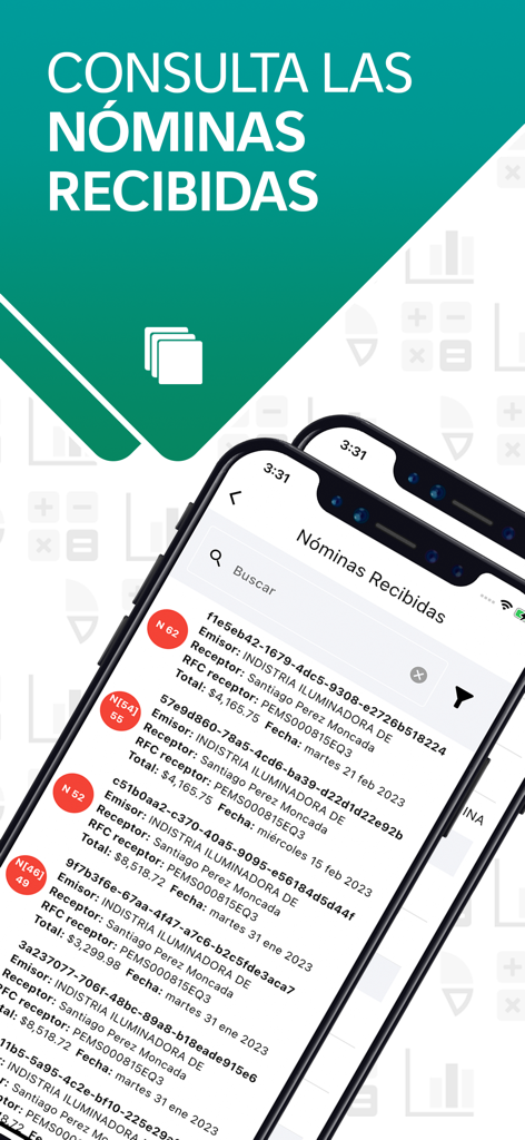 Interfaz de Facture App Nómina que muestra una lista de registros de nómina recibidos con detalles de pago.