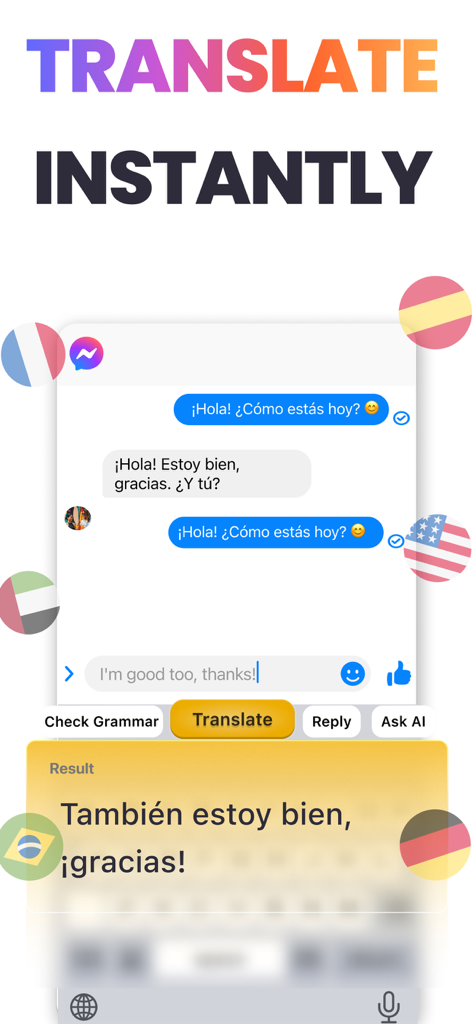 AI Keyboard: KeyAI - Interfaz de la aplicación AI Keyboard mostrando traducción instantánea de texto en un chat de mensajería