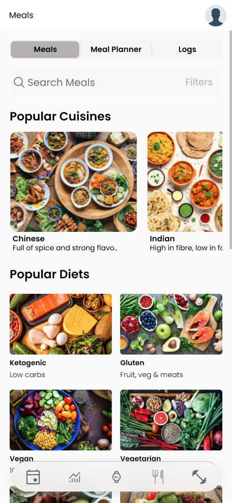 Gemini Fitness - Interface de descoberta de refeições e receitas do aplicativo Gemini Fitness mostrando culinárias e dietas populares