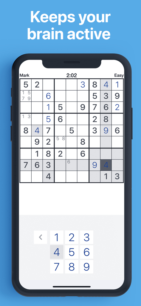 Pure Sudoku: The Logic Game - Pure Sudoku game interface on an iPhone with a logic puzzle and the text Keeps your brain active