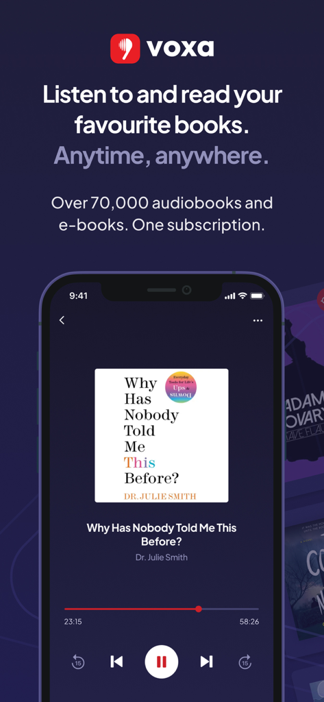 Voxa app audiobook player screen playing Why Has Nobody Told Me This Before by Dr Julie Smith