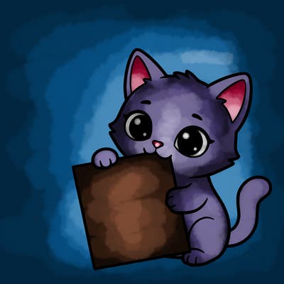 a small cat with a blank sheet of paper in its hand. the cat is sooooooo cute!