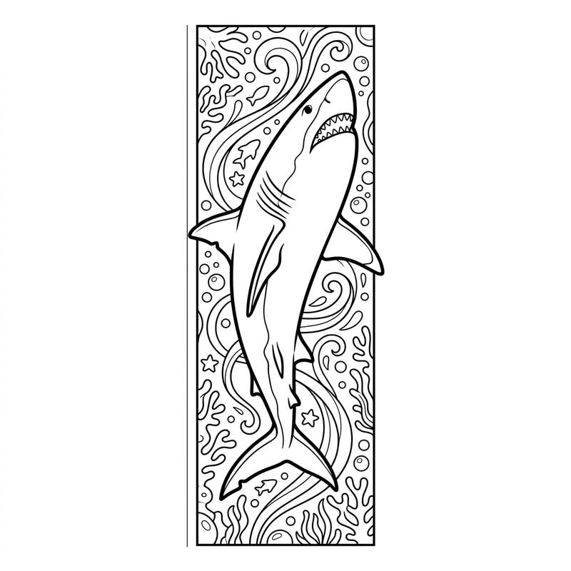 Unleash your inner artist with this thrilling Great White Shark bookmark coloring page. Featuring a powerful shark amidst dynamic ocean elements, it's perfect for personalizing your favorite reads.