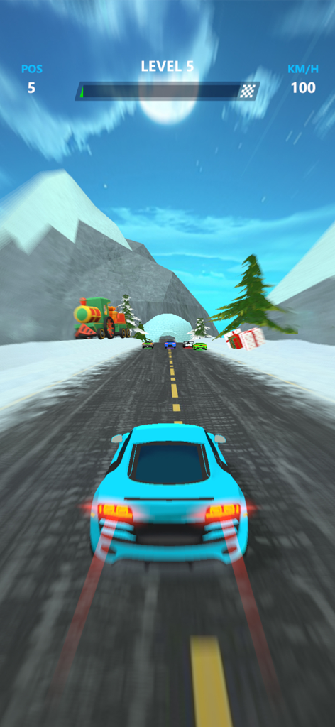 Car Racing: Master Race 3D - A blue sports car driving on a snowy mountain track with a colorful toy train in the background