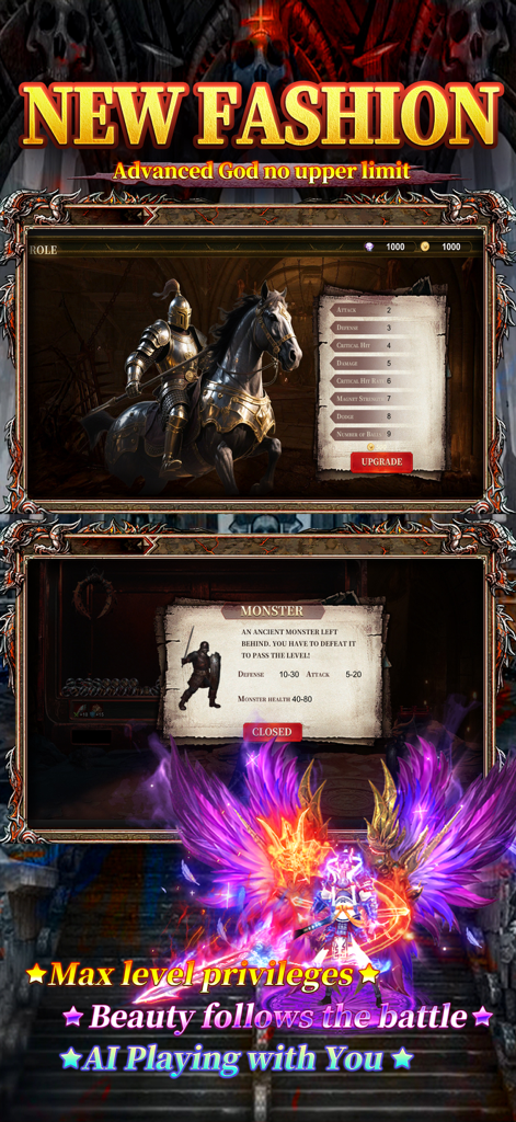 Interface showing armored knight upgrade stats and a character with glowing purple wings in Abyssal Crusader.