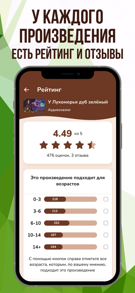 Аудиосказки, музыка, диафильмы - Una pantalla de teléfono móvil que muestra estadísticas de calificaciones y categorías apropiadas para la edad para un cuento de audio ruso.