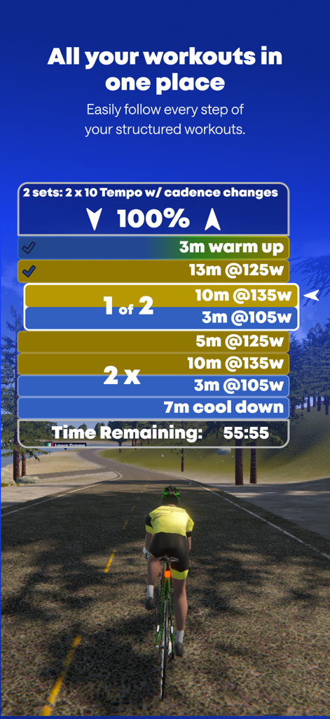 TrainingPeaks Virtual Cycling - Interface montrant un entraînement de cyclisme structuré détaillé avec des cibles de puissance et des intervalles dans un environnement 3D virtuel.