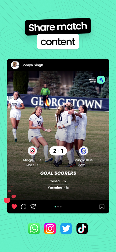 A soccer match results card showing the final score and goal scorers being shared on social media.