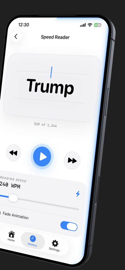 Speed Reader: Articles & PDF - Interfaz de la app Speed Reader en un iPhone mostrando una sola palabra siendo leída usando tecnología RSVP a 240 palabras por minuto.