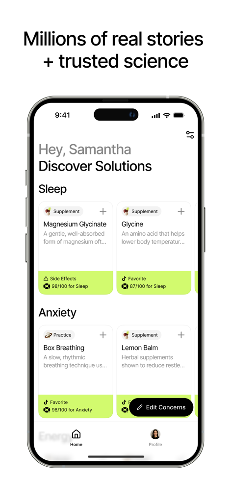 Qi: Health Solved Together - Qi Health app interface showing wellness solutions for sleep and anxiety based on community insights and science.
