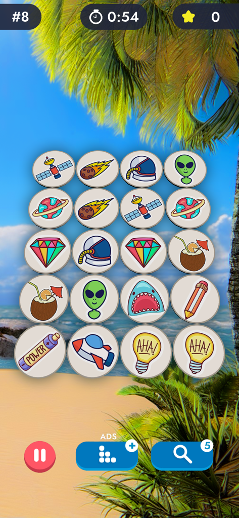 Match Pairs 3D: Matching Game - Match Pairs 3D gameplay screenshot showing colorful matching icons on a tropical beach background