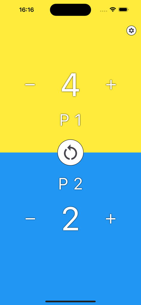 Score Counter: Clicker - Two player score counter interface with yellow and blue split screens for Player 1 and Player 2.
