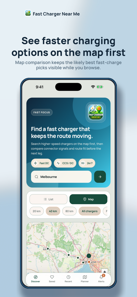 Interface of the Fast Charger Near Me app showing a map of EV charging stations in Melbourne with search filters for DC fast charging.