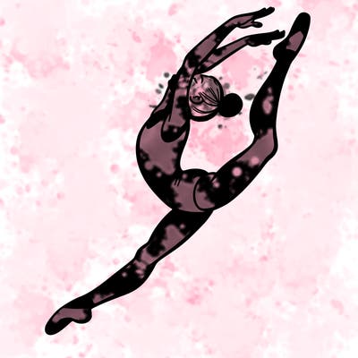 gymnast doing a leap in a leotard with a bent back leg