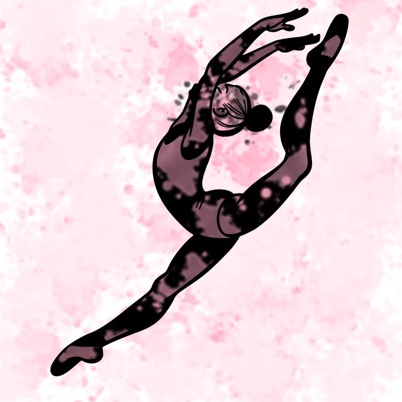 gymnast doing a leap in a leotard with a bent back leg