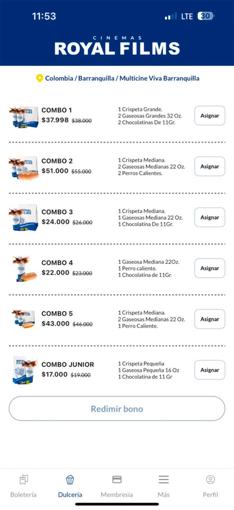 Cinemas Royal Films - 로열 필름 앱에서 영화 간식 콤보와 가격을 보여주는 모바일 화면