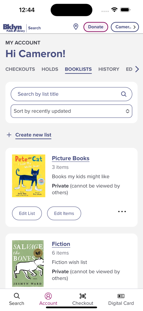 BKLYN Library - La pestaña listas de libros en la aplicación Biblioteca BKLYN que muestra listas de lectura curadas personalmente para libros ilustrados y de ficción.