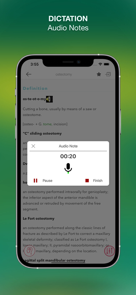 Stedman's Medical Dictionary + - Interface of Stedman's Medical Dictionary app showing the audio note dictation feature for the term osteotomy.