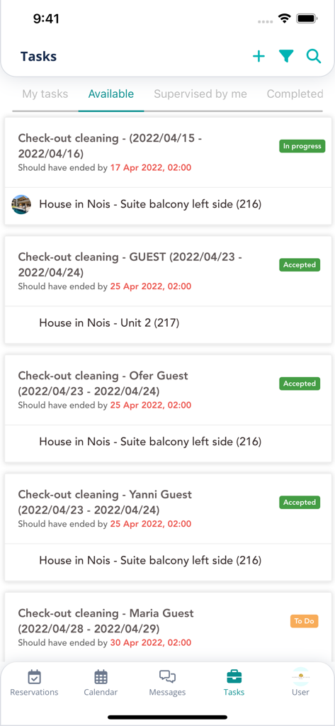 Hostaway mobile app showing a list of property cleaning tasks with status updates like in progress and accepted