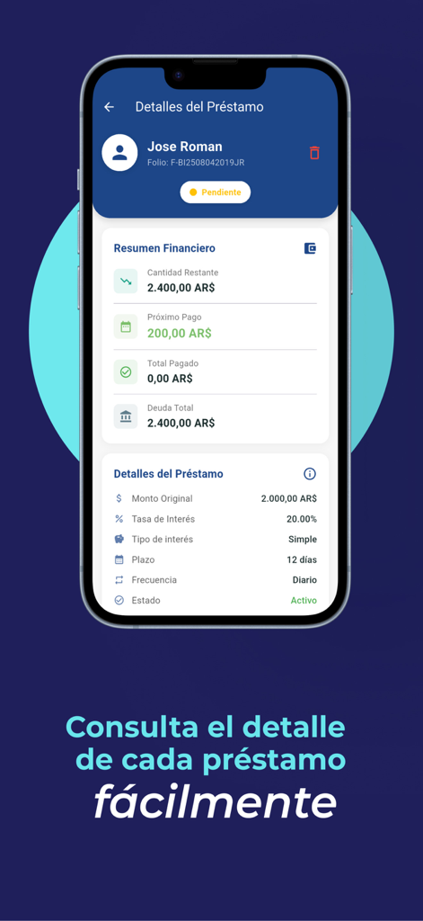 Controla+ - Pantalla de la aplicación Controla Plus que muestra información detallada del préstamo y resumen financiero de un cliente en español.