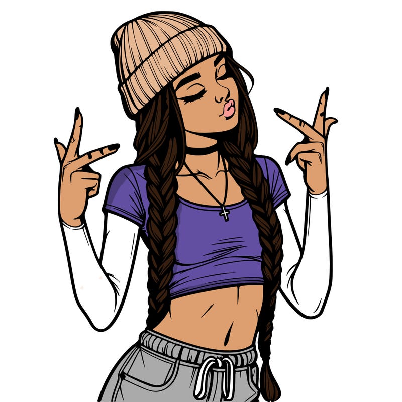 realistic teenage girl with braids and a beanie and crop top doing 🫶🏼