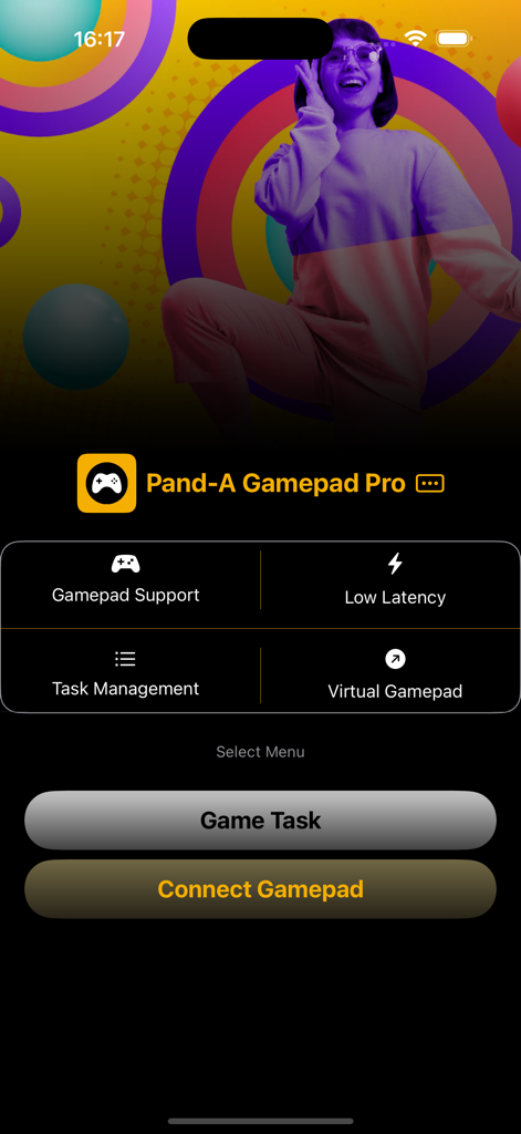 Pand-A Gamepad Pro Connect App - Home screen of the Pand-A Gamepad Pro app showing gamepad support and low latency features