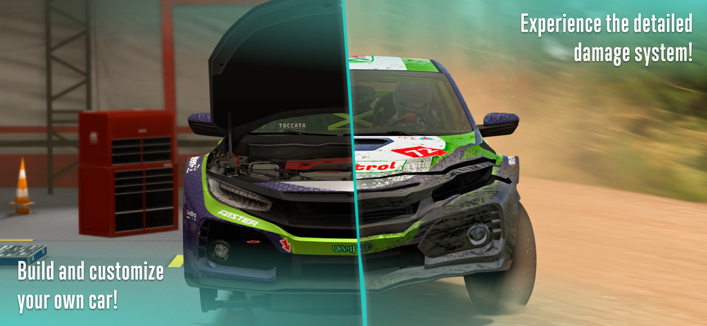 Split screen showing car customization in a garage and realistic vehicle damage during a rally race