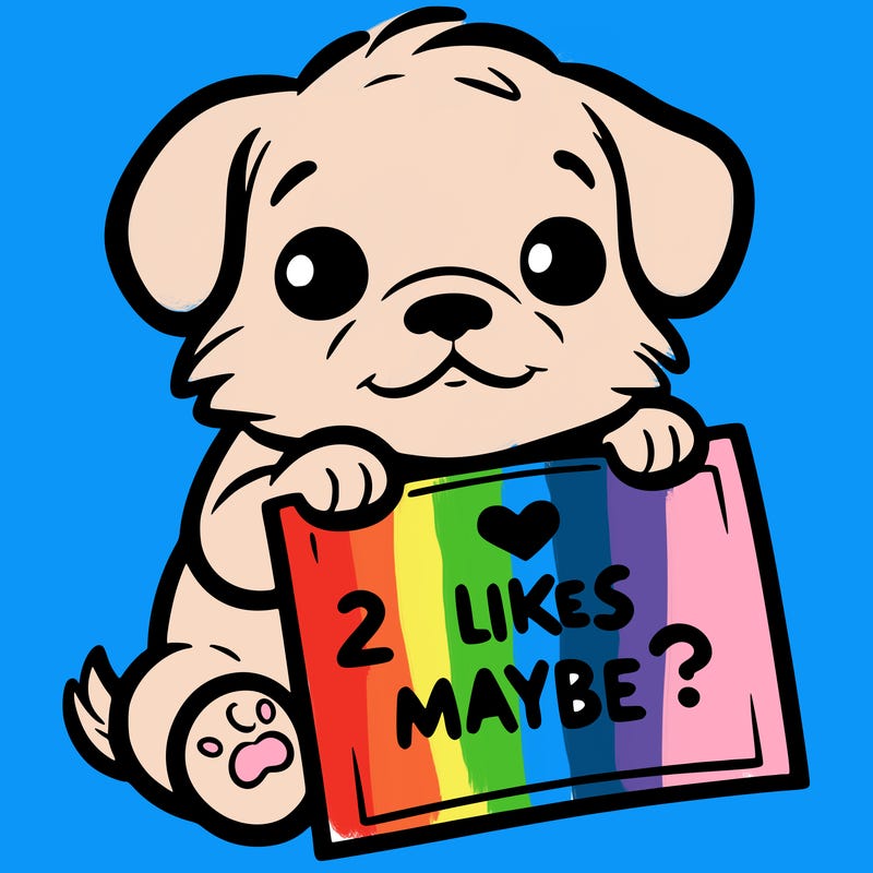 a puppy holding a sign that says 2 likes maybe?