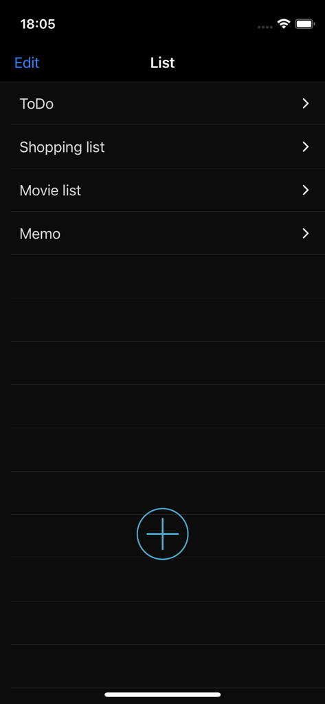 Main list screen of the Notepad app showing categories like ToDo and shopping list in dark mode.
