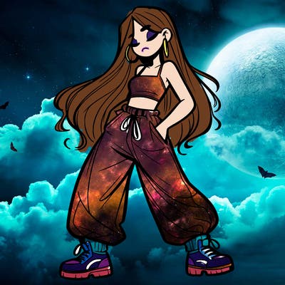 girl in baggy pants crop top and long hair