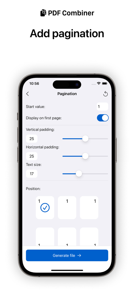 Bildschirm eines iPhones, der die Paginierungseinstellungen in der PDF Merger App mit Optionen für Textgröße und Seitenposition anzeigt