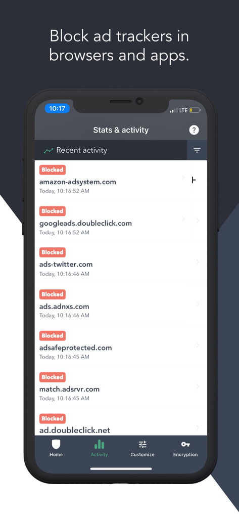 Disconnect Premium VPN - Smartphone screen showing a list of blocked ad trackers in the Disconnect Premium VPN activity dashboard