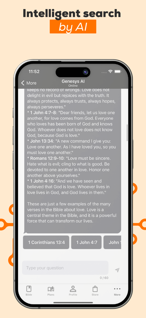 A smartphone showing the AI powered intelligent search feature in the Bible Offline app providing scriptures on love