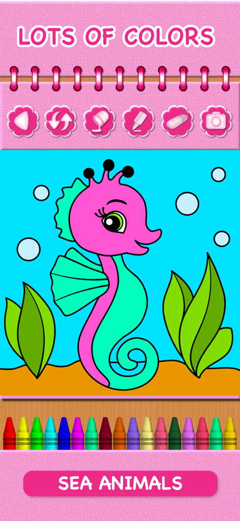 Animal Coloring Book Baby Pets - Una página de colorear digital de un lindo caballito de mar rosa y turquesa bajo el agua con una fila de crayones coloridos debajo.