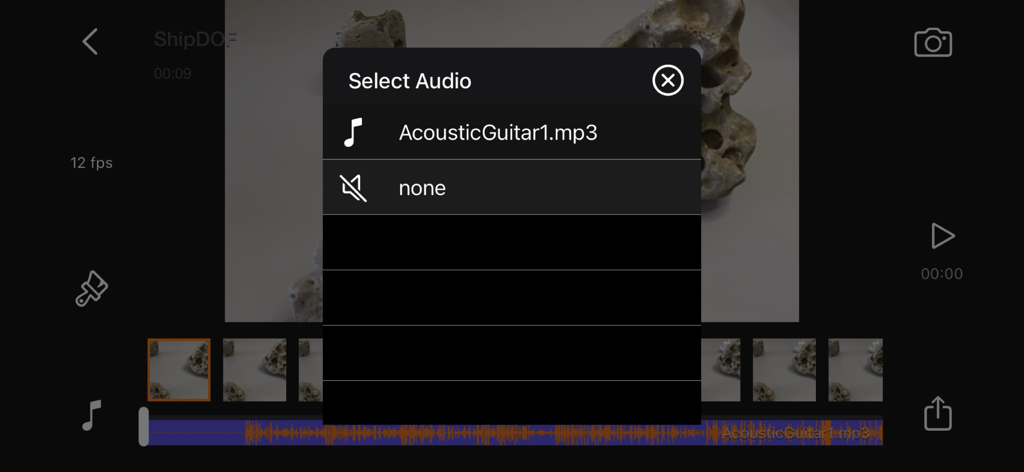 Audio selection menu in Stop Motion Plus app for adding sound effects and music to animations