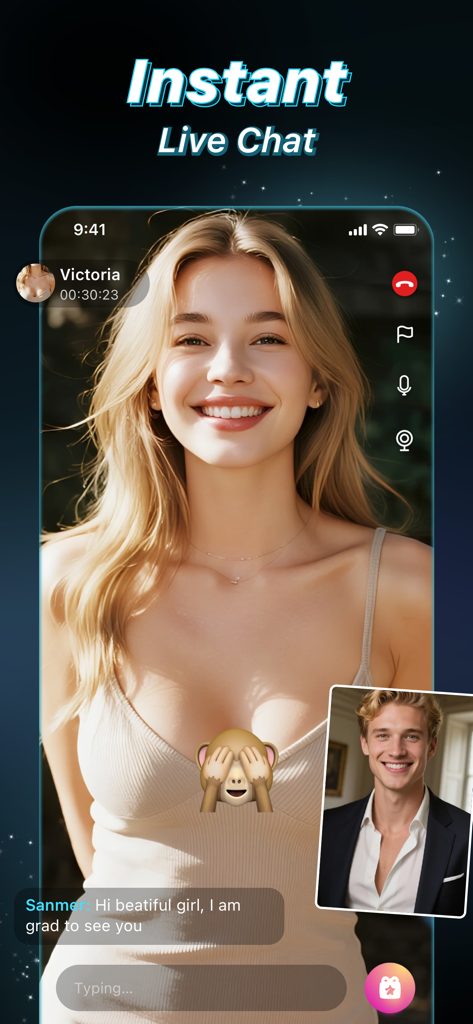 Adult Casual Dating App: AChat - AChat mobile app interface displaying a live video call between two users with an integrated text chat overlay