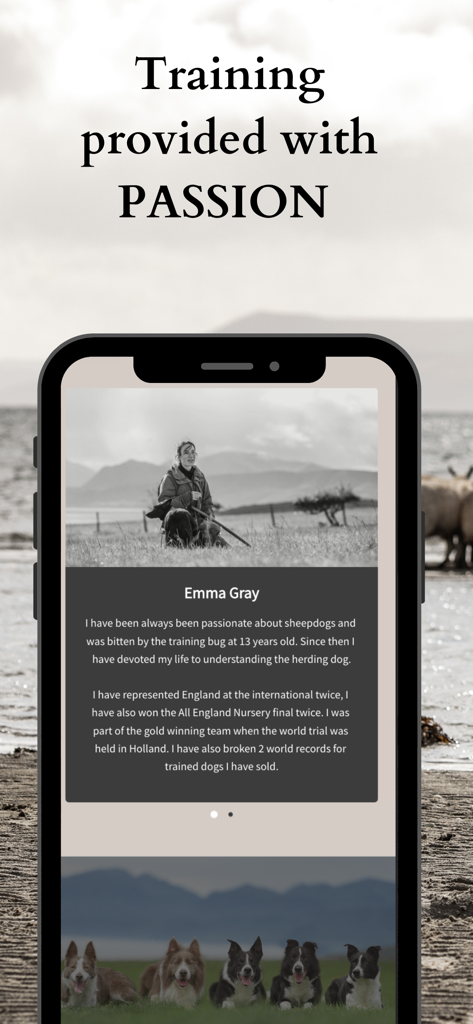 Sheepdog School - Profile page of professional trainer Emma Gray in the Sheepdog School app