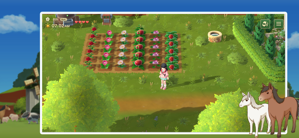 Harvest Moon: Home Sweet Home - Gameplay screenshot of Harvest Moon Home Sweet Home showing a character tending to flower and vegetable crops on a farm with horses in the foreground