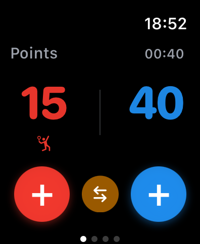 La aplicación Tennis Point en Apple Watch mostrando un marcador de partido de 15-40 con números grandes en rojo y azul