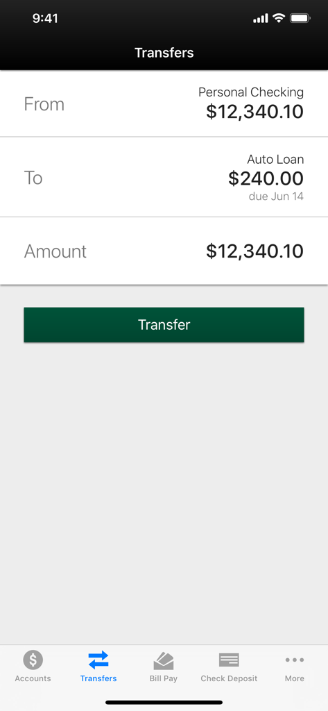 Valley Mobile Banking - The fund transfer interface of the Valley Mobile Banking app showing accounts and transfer button