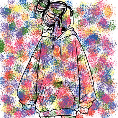 realistic girl with a oversized sweatshirt on and a bun