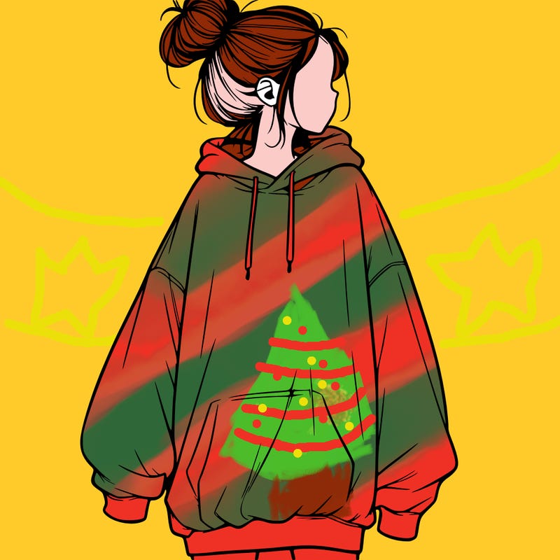 realistic girl with a oversized sweatshirt on and a bun