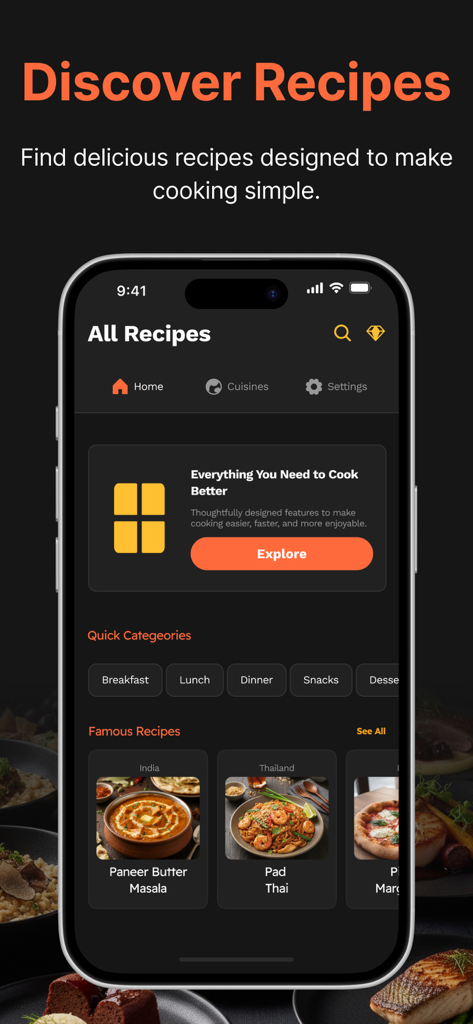 allrecipes ® - Pantalla de inicio de la aplicación All Recipes mostrando categorías rápidas y recetas famosas como Pad Thai.