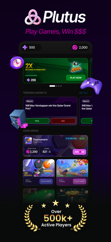 Plutus: Create, Play, Win - Plutus 모바일 앱 인터페이스에 게임 토너먼트, 인기 스포츠 시장 및 활성 플레이어 수, 소셜 증명이 표시됩니다