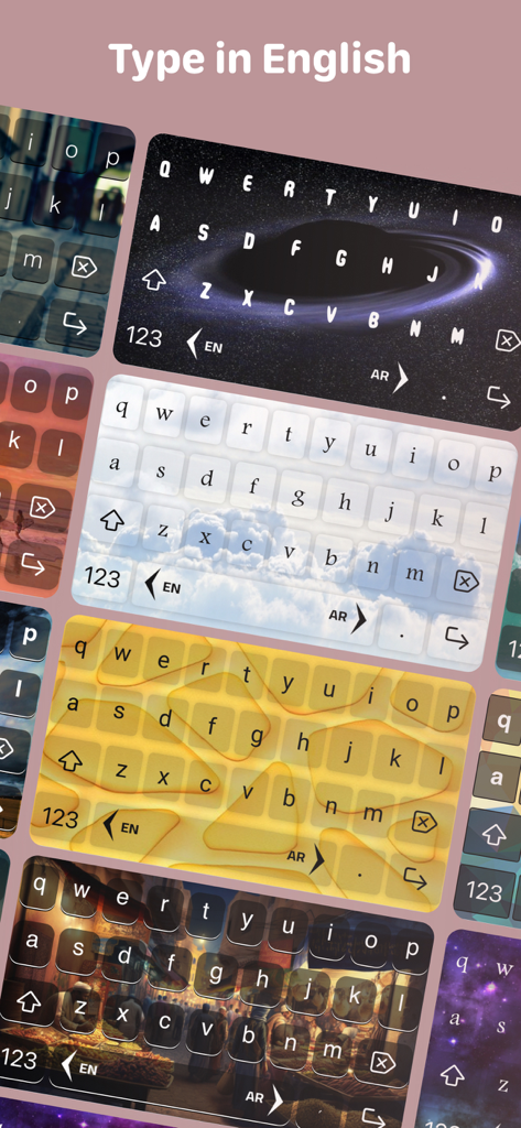 Keyboard+ Fonts & Themes - Múltiples temas de teclado con diferentes imágenes de fondo, incluyendo nubes espaciales y estilos artísticos