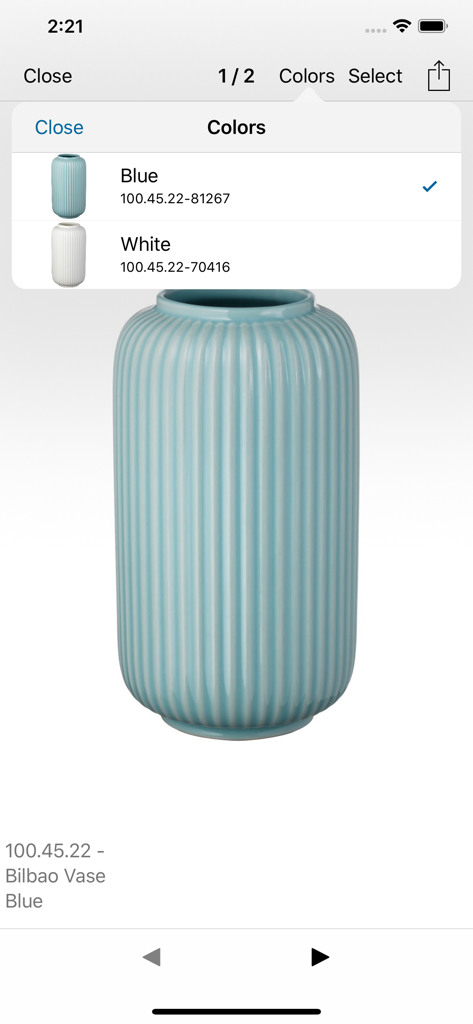 Negotti - Aplicativo Negotti mostrando seleção de cores para um produto de decoração para casa em um catálogo digital