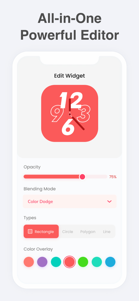 Wallpapers & Icons: Widgethub - Interface do aplicativo Widgethub mostrando ferramentas de edição avançadas para personalizar widgets de relógio estéticos, incluindo controles de opacidade e sobreposição de cores