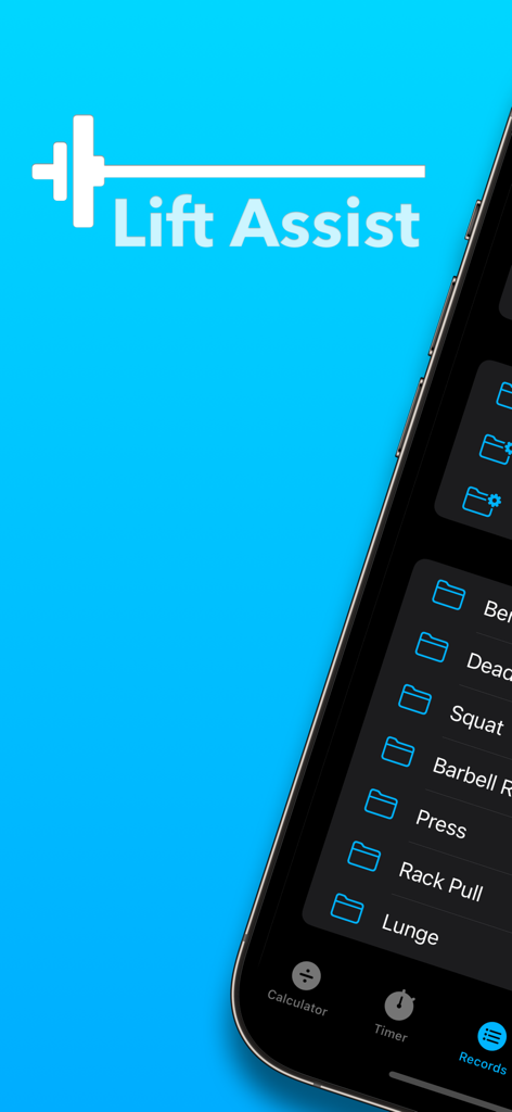 Lift Assist – Training Log - Interface de l'application Lift Assist affichant les enregistrements d'entraînement et les dossiers d'exercices sur un iPhone
