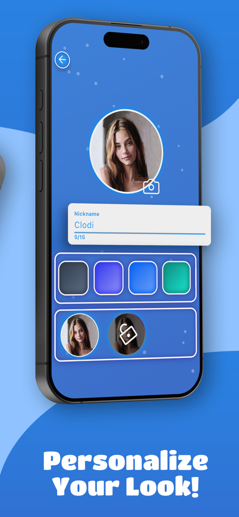 Most Likely To - Party App - Pantalla de personalización de perfil de usuario en la aplicación Most Likely To party mostrando entrada de apodo y selección de foto