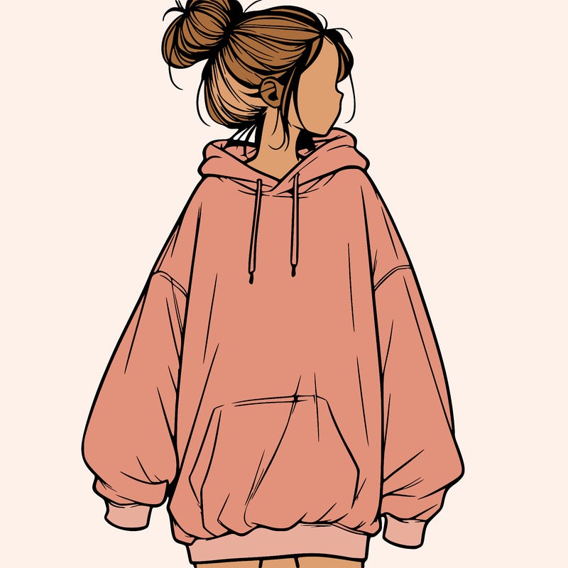 realistic girl with a oversized sweatshirt on and a bun